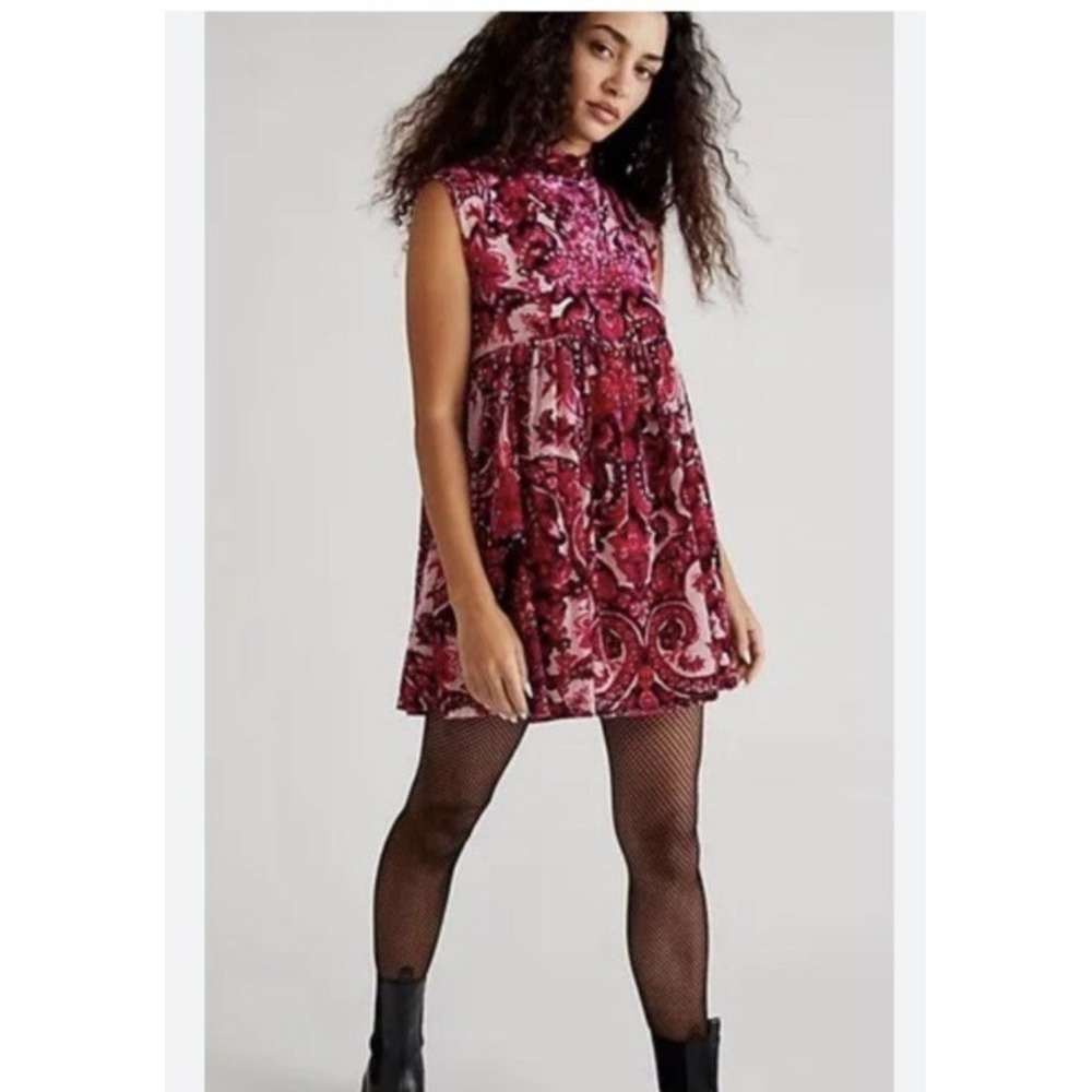 Free People All The Time Velvet Mini Dress Paisley Magenta Pink Size XL Babydoll
